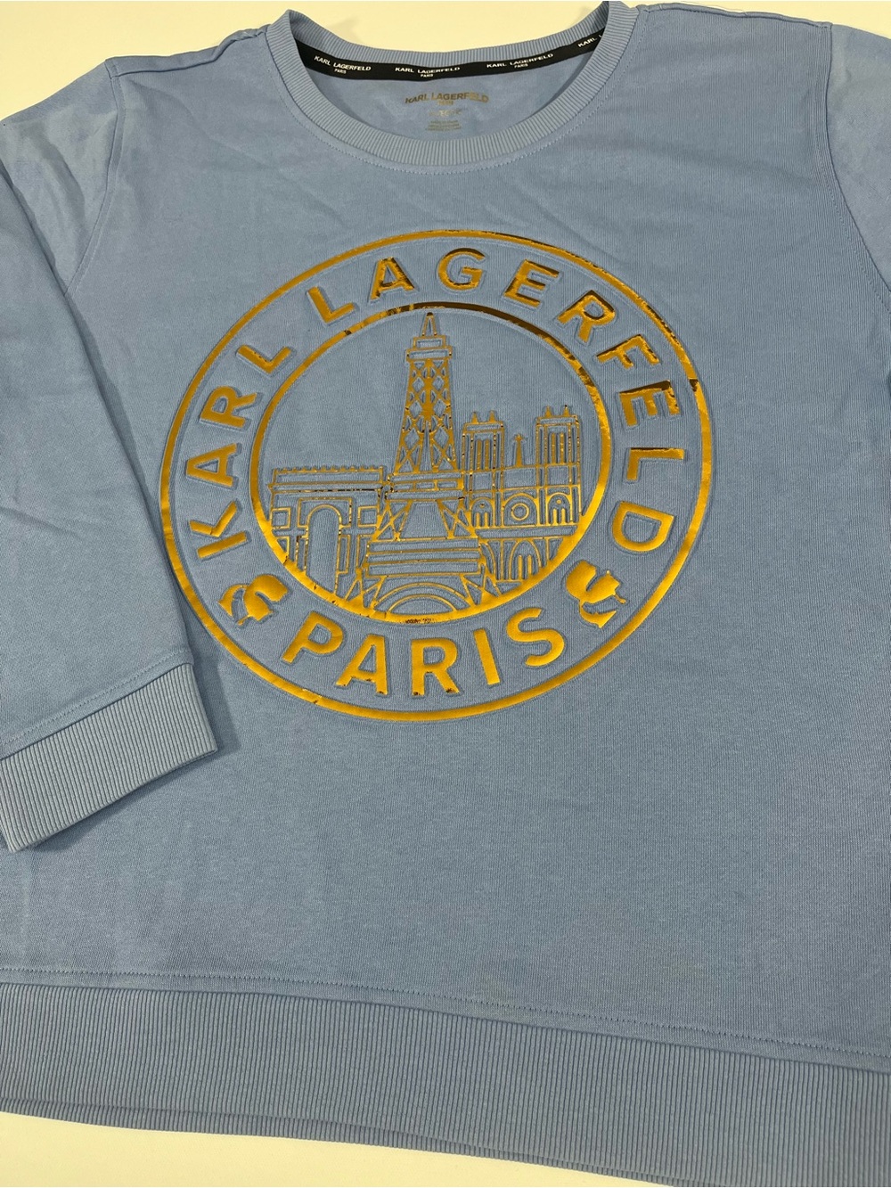 NWT Karl Lagerfeld  Light Blue Sweatshirt with Gold Paris Emblem XL